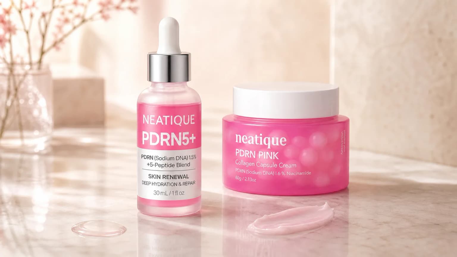 Neatique PDRN5+ Serum and PDRN Pink Collagen Capsule Cream arranged together on a softly lit ivory vanity.