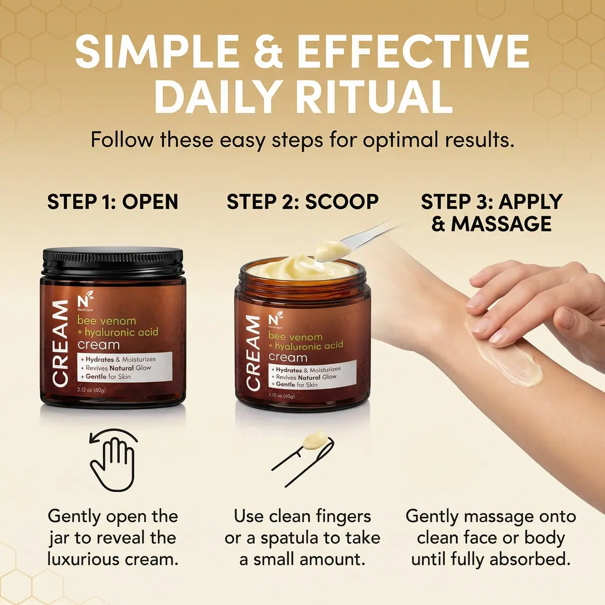 Three-step application guide for Neatique Bee Venom Body Cream