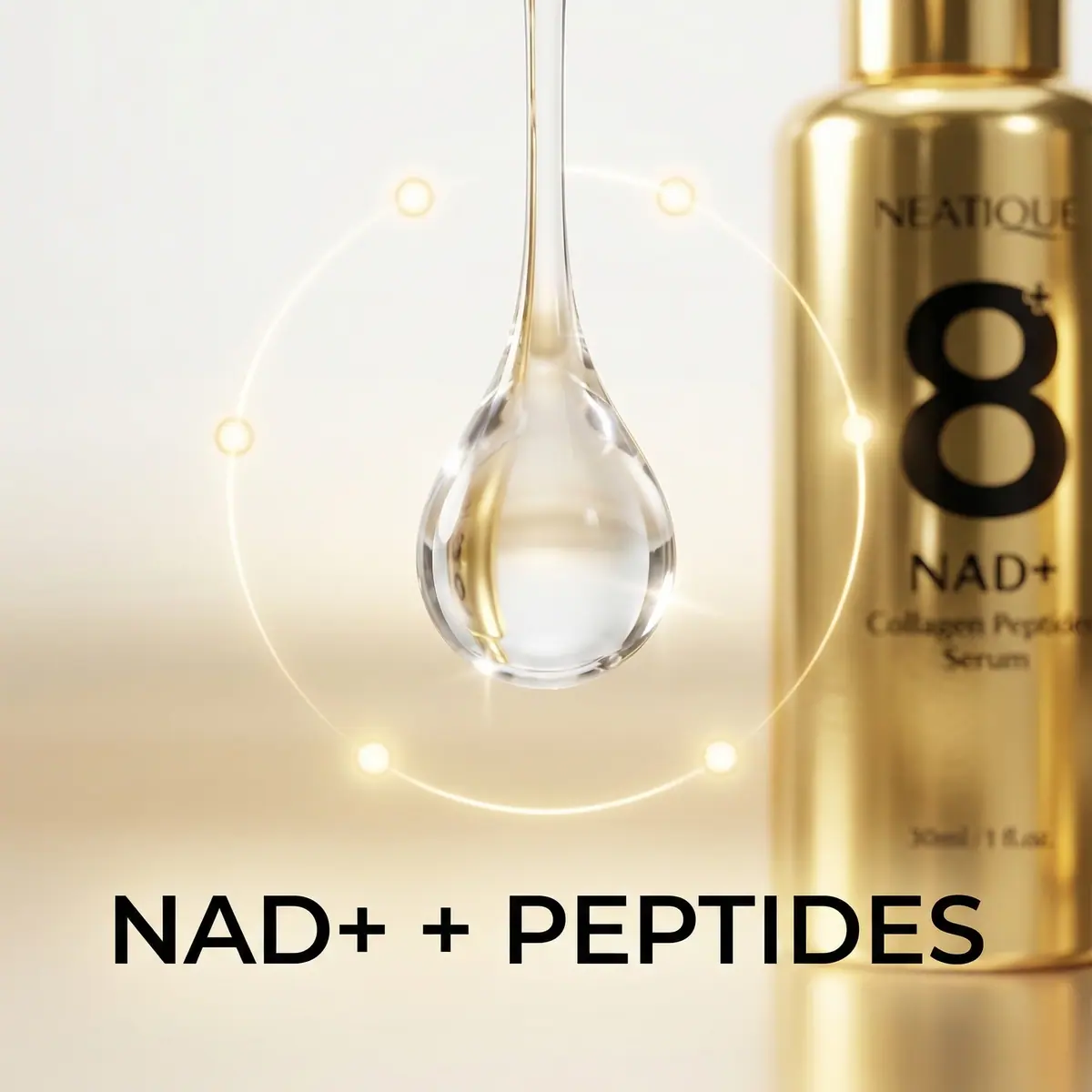 Neatique NAD+ and peptide serum formula presentation with a clear serum drop