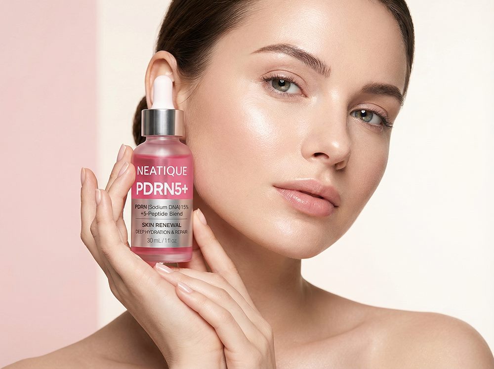 Neatique PDRN Serum styled as a lightweight pink serum with a premium hydration-focused editorial feel