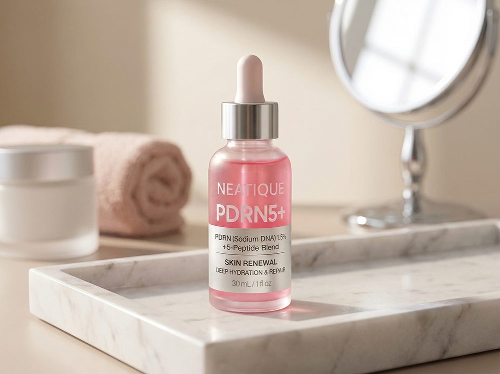 Neatique PDRN Serum in a polished vanity setup for hydrating serum and smoothing serum for face shoppers