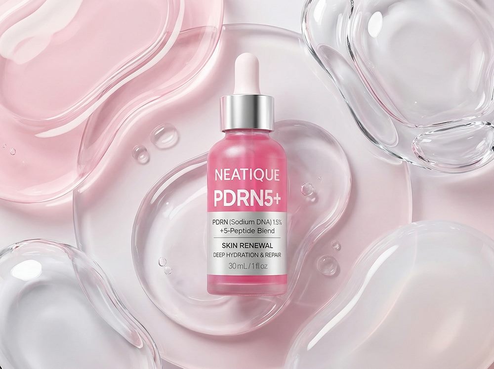 Model skincare lifestyle image for Neatique PDRN Serum showing fresh radiant soft-looking skin without generic products
