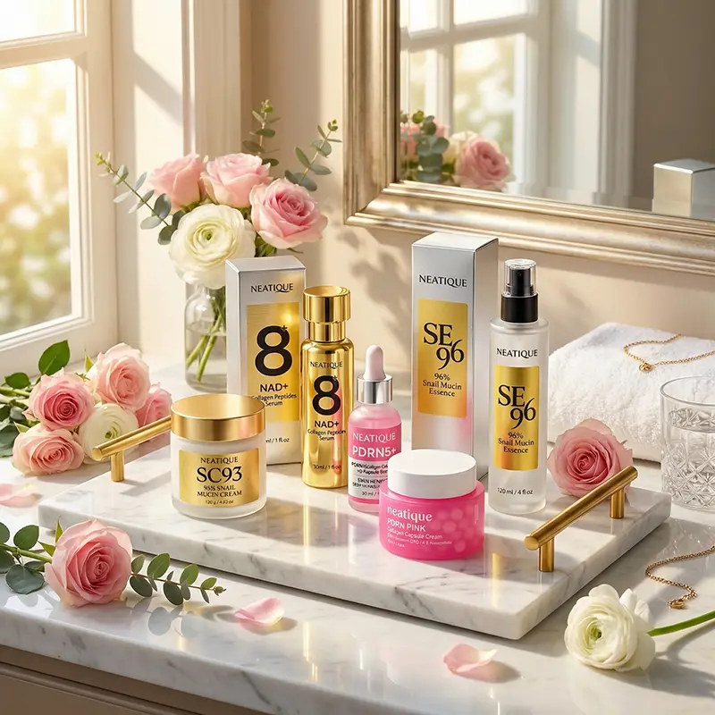 Neatique products styled on a vanity for a bright morning skincare ritual.