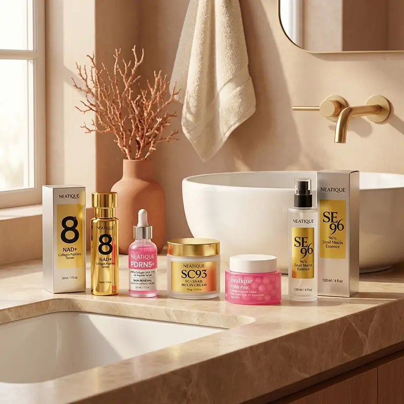 Neatique skincare arranged beside a sink for an elevated daily ritual.