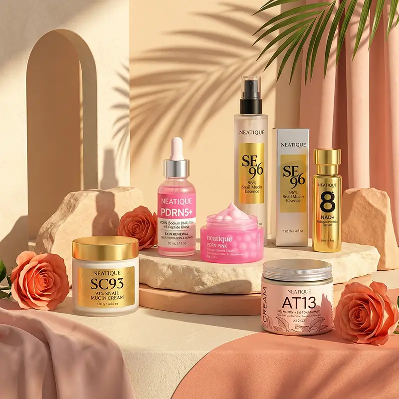 Neatique skincare arranged in a warm signature campaign still life.