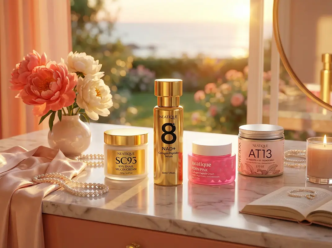 Neatique skincare styled in a soft evening brand moment with a calm glow.